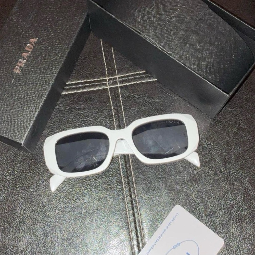 Prada White Rectangular Sunglasses with Dark Lenses